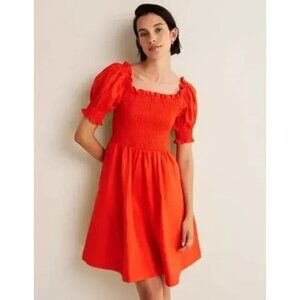 Boden Smocked Linen Puff Sleeve Mini Dress Bright Orange Size 12 NWT